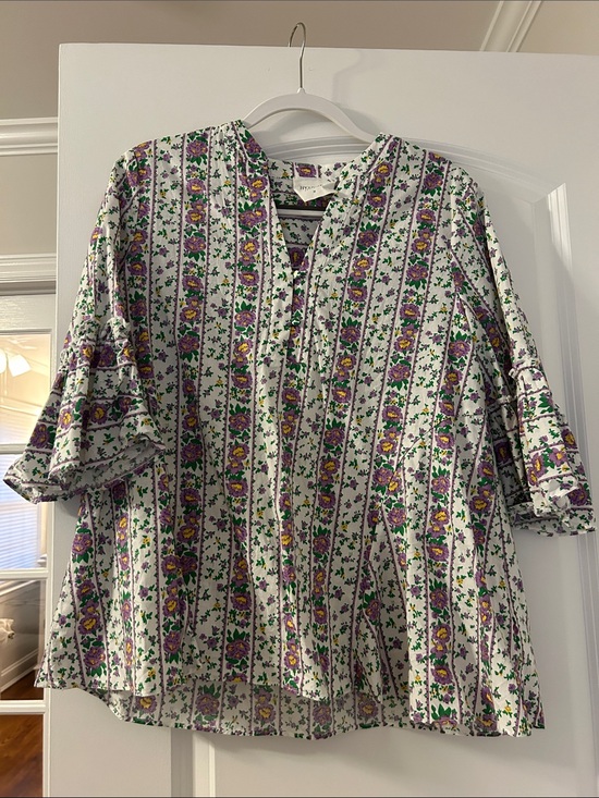 Hyacinth House Tops - Tuckernuck Floral Stripe Boho Blouse in White, Purple & Green